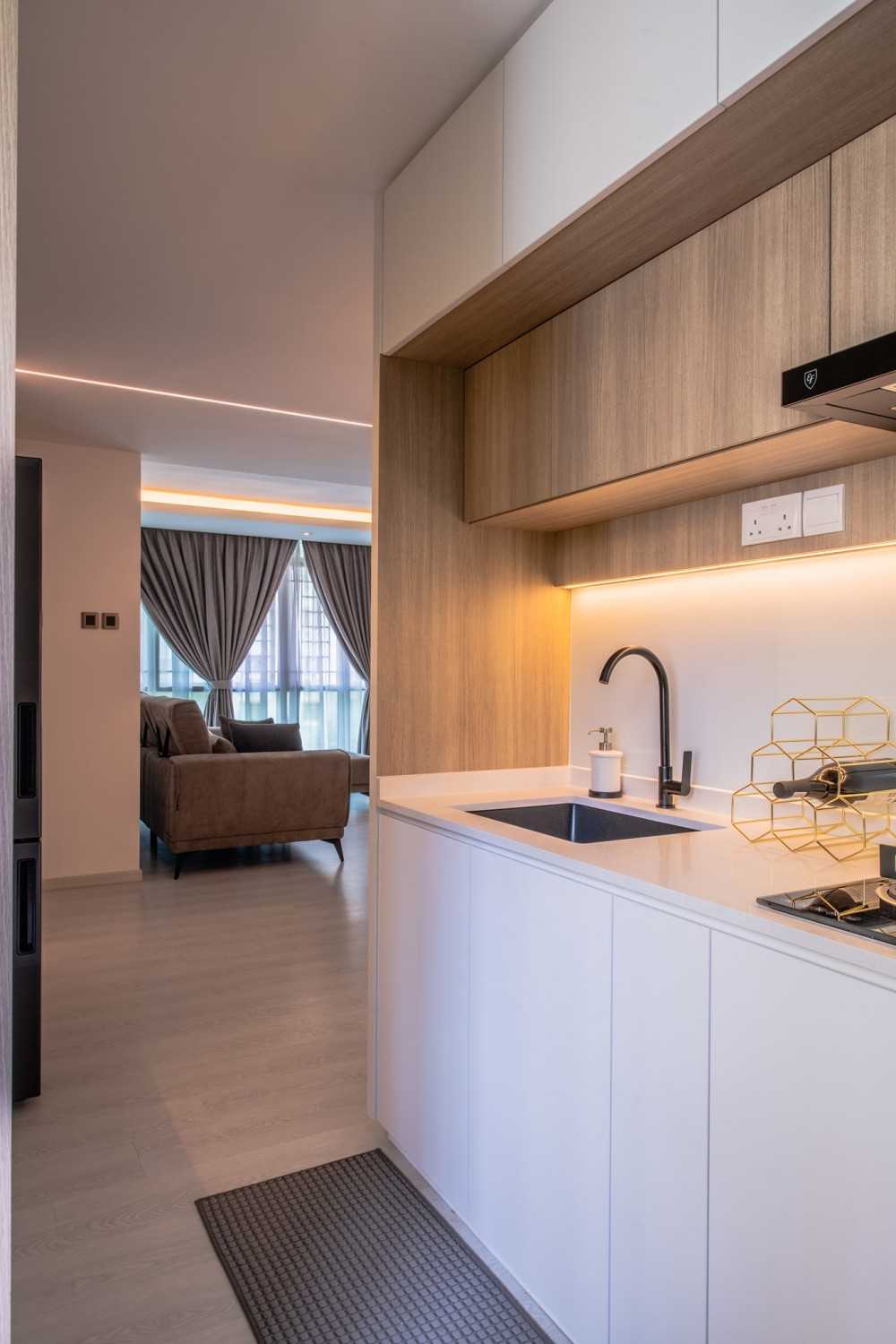 Eclectic Kitchen with Countertop and Herringbone Tiling