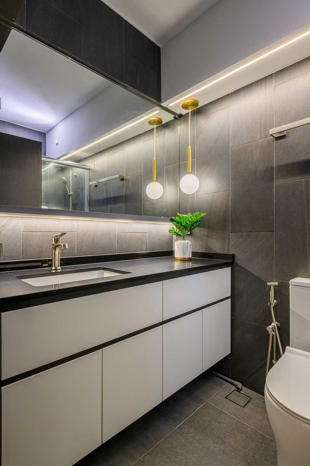 Eclectic Bathroom with Countertop and Herringbone Tiling