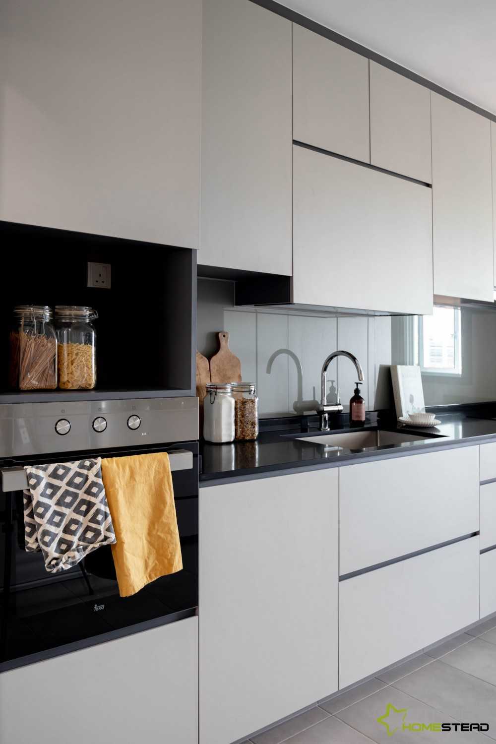 Modern Kitchen with Cement Floor and Kitchen Tap