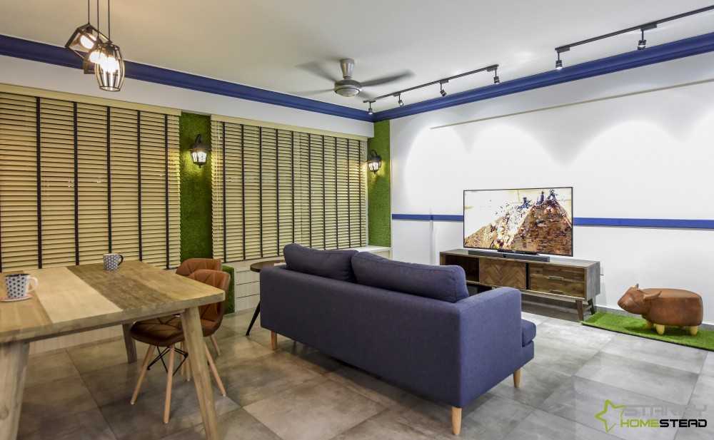 Eclectic Living Room with TV Console and Window Shutters