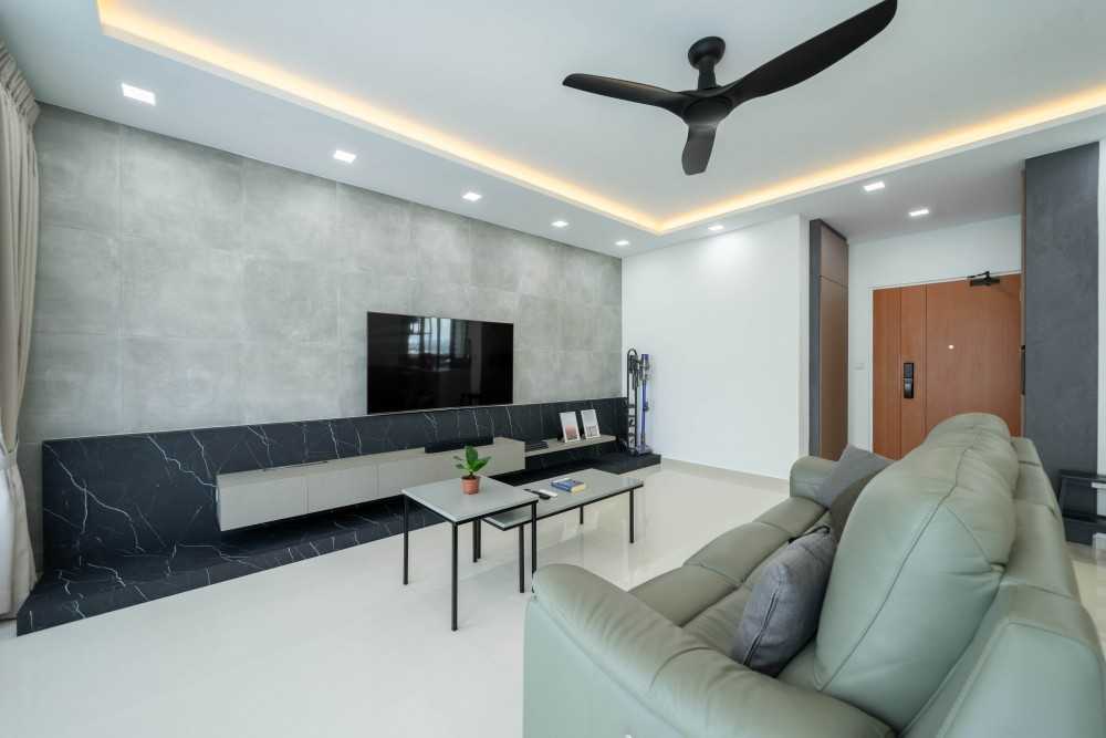 Contemporary Living Room with TV Console and Feature Wall