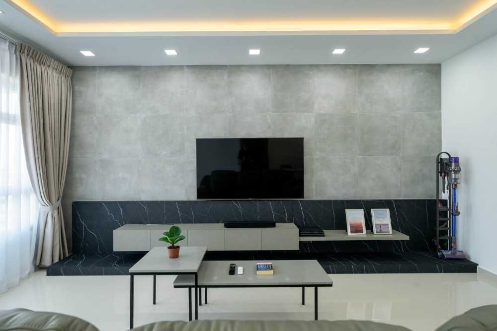 Contemporary Living Room with Feature Wall and Cove Lighting