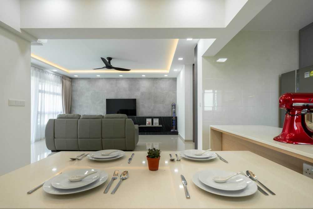 Contemporary Dining Room with Drop Light and Downlights
