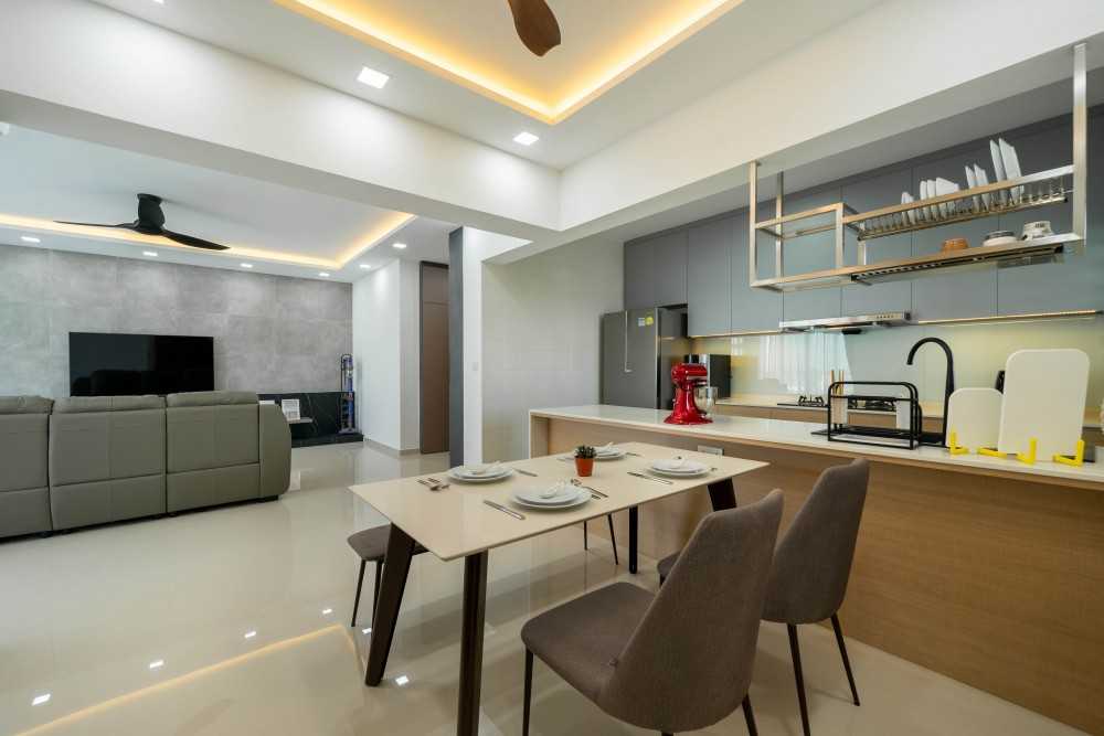 Contemporary Dining Room with Homogeneous Tiles and Cove Lighting