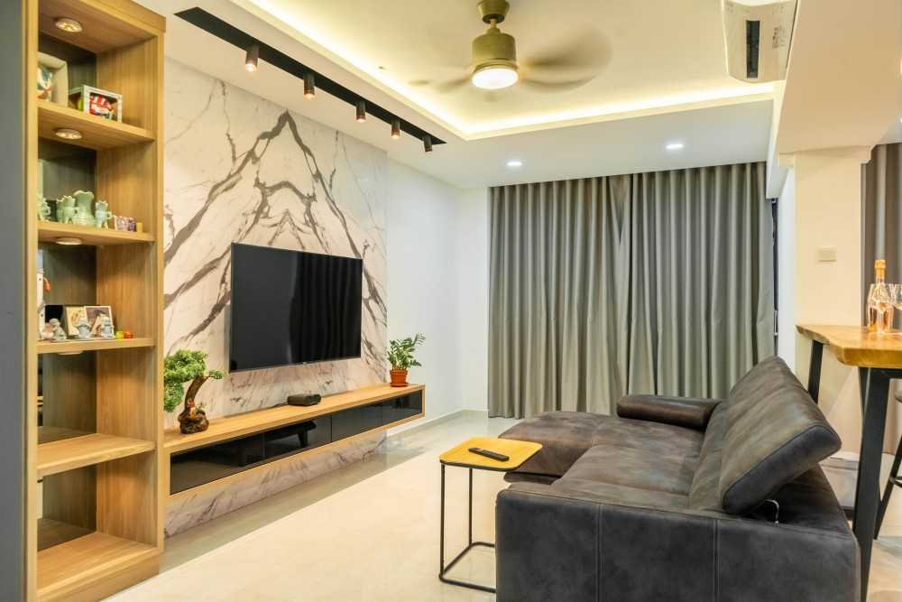 Scandinavian Living Room with Herringbone Tiling and Feature Wall