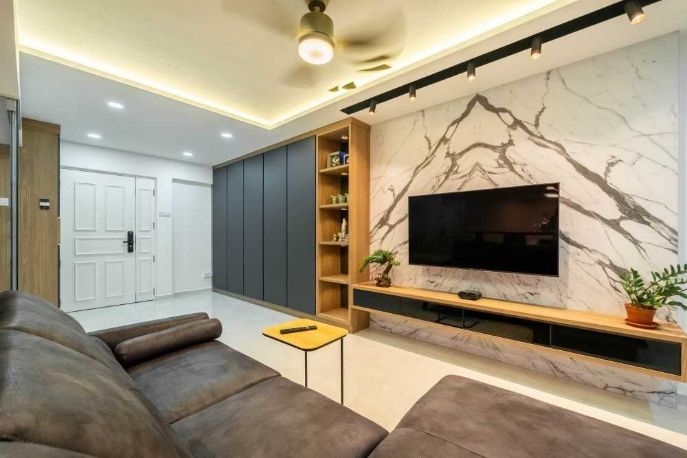 Scandinavian Living Room with TV Console and Feature Wall