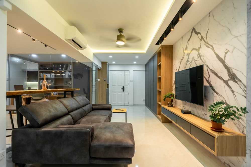 Scandinavian Living Room with TV Console and Feature Wall