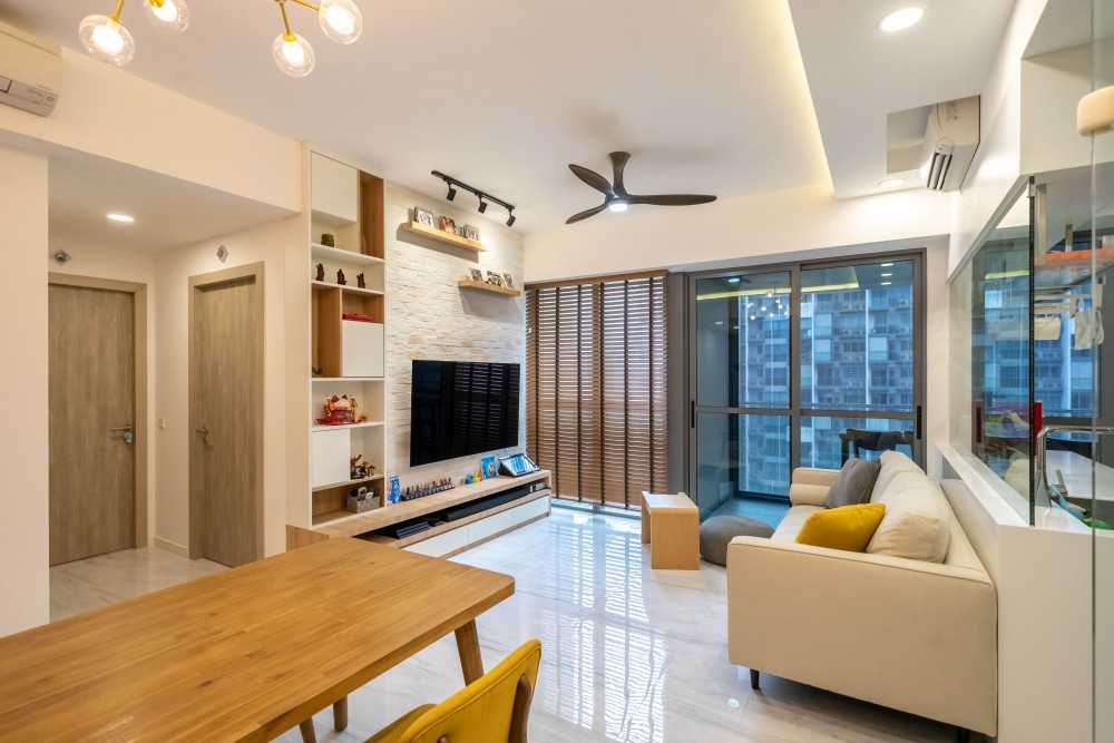 Contemporary Living Room with Parquet Floor and Feature Wall
