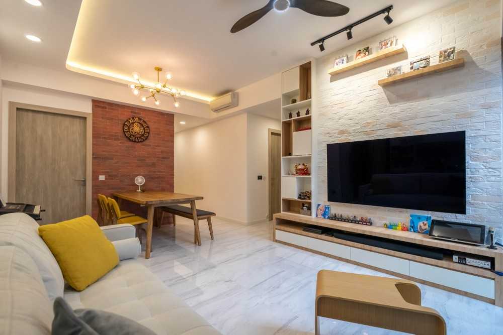 Contemporary Living Room with Granite Floor and TV Console