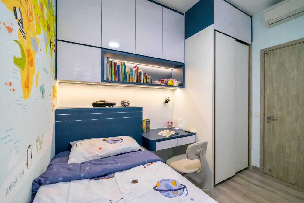 Contemporary Kids Room with Bookshelf and Built-in Bed