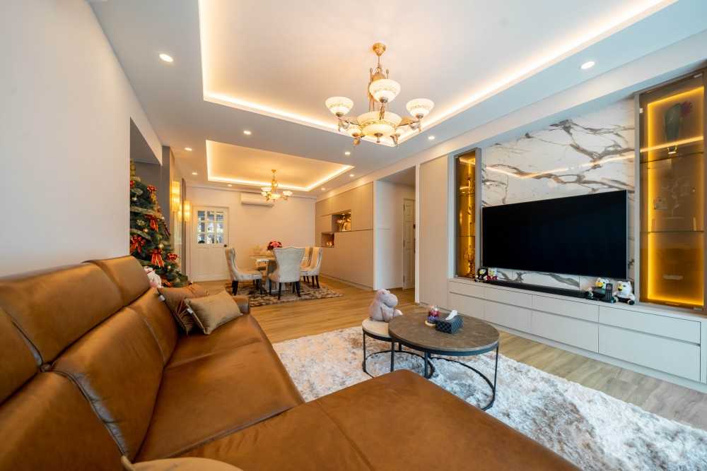 Modern Living Room with Parquet Floor and TV Console