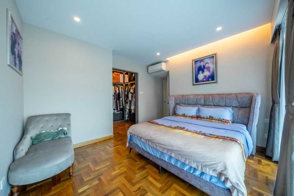 Modern Bedroom with Parquet Floor and Ceiling Light