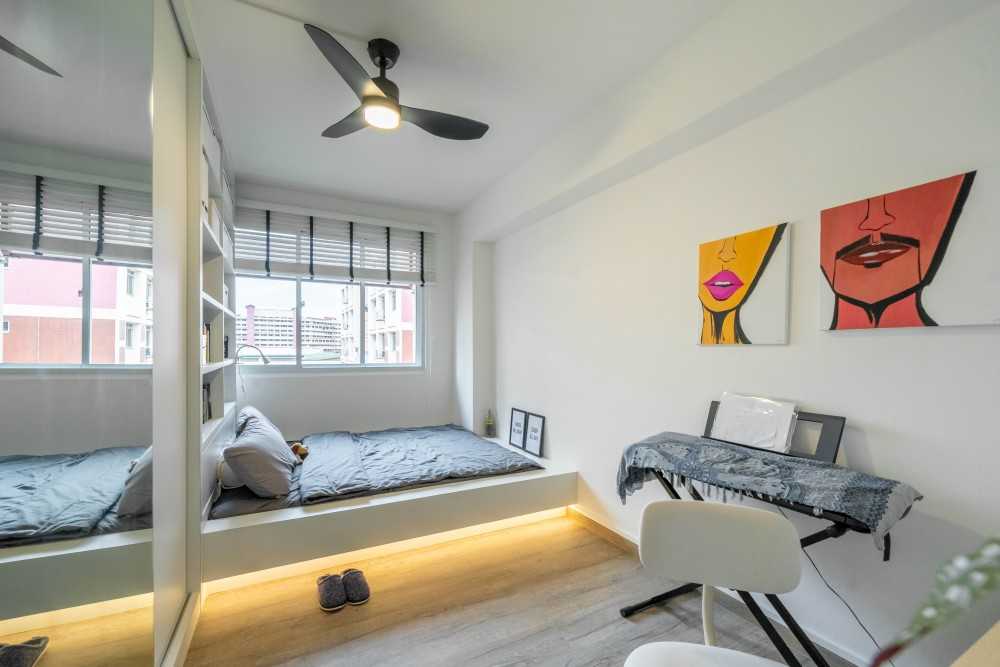 Country Bedroom with Bookshelf and Vinyl Flooring