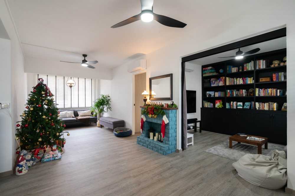 Country Living Room with Bookshelf and Vinyl Flooring
