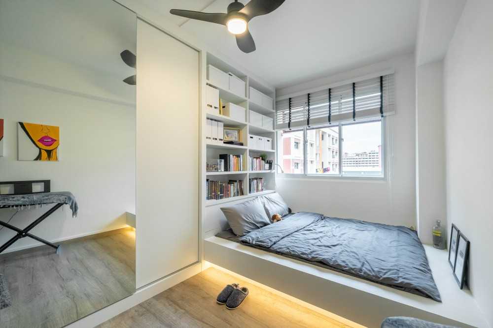 Country Bedroom with Bookshelf and Platform Bed