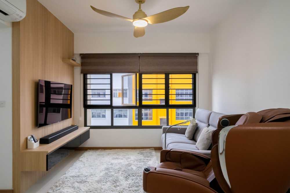 Scandinavian Living Room with TV Console and Feature Wall