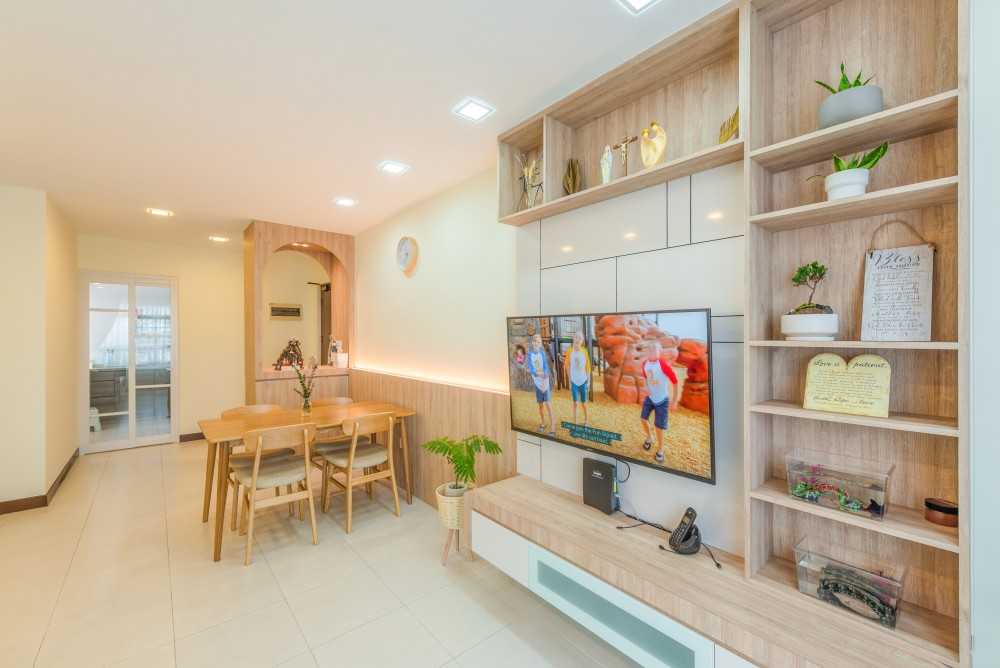 Contemporary Living Room with TV Console and Feature Wall