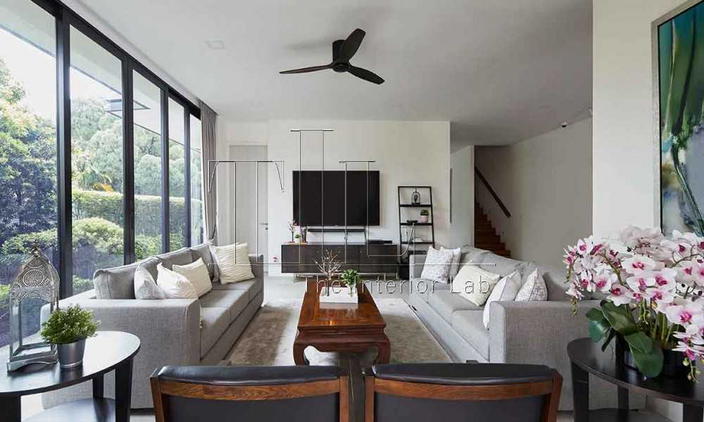 Contemporary Living Room with TV Console and Ceiling Fan