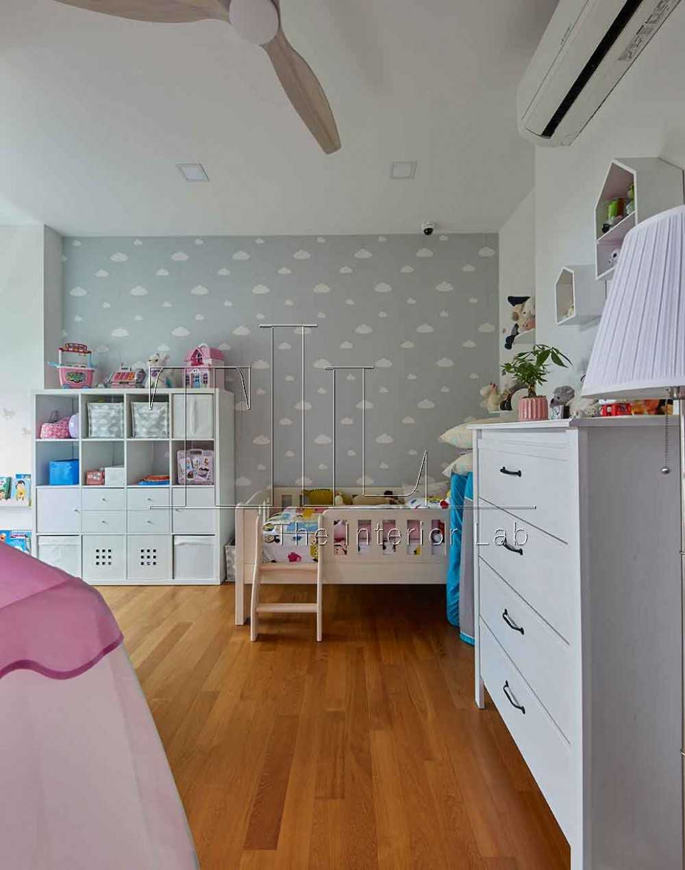 Contemporary Kids Room with Parquet Floor and Wallpaper
