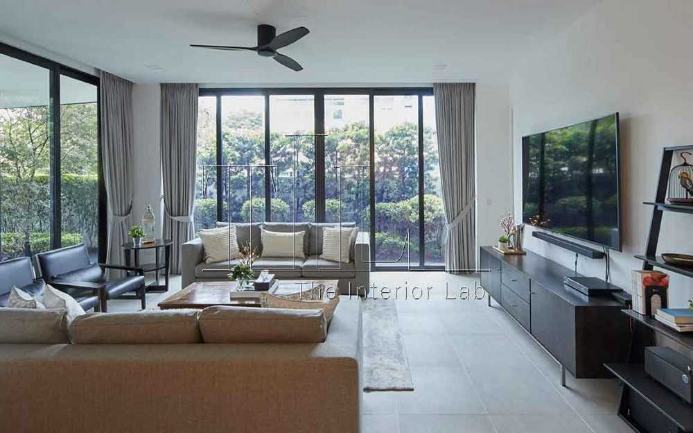 Contemporary Living Room with TV Console and Window Seat