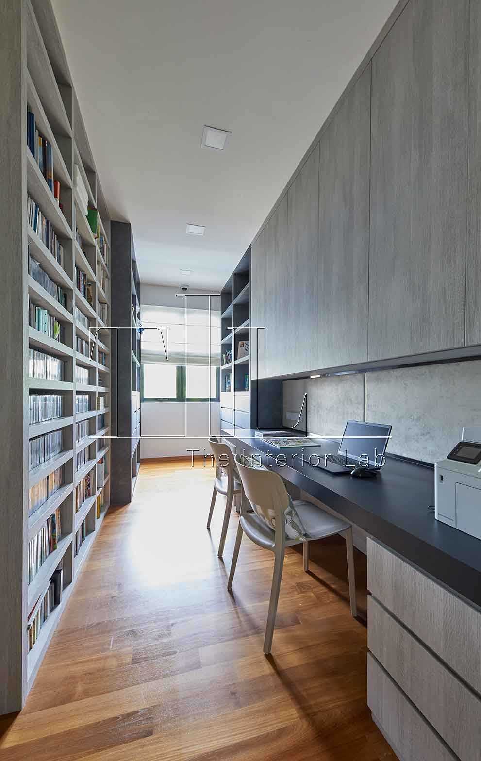 Contemporary Home Office with Parquet Floor and Storage Cabinets