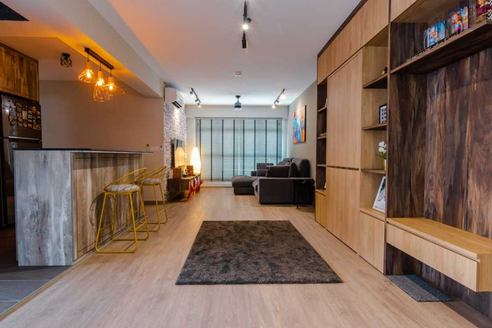 Modern Living Room with Bookshelf and Vinyl Flooring
