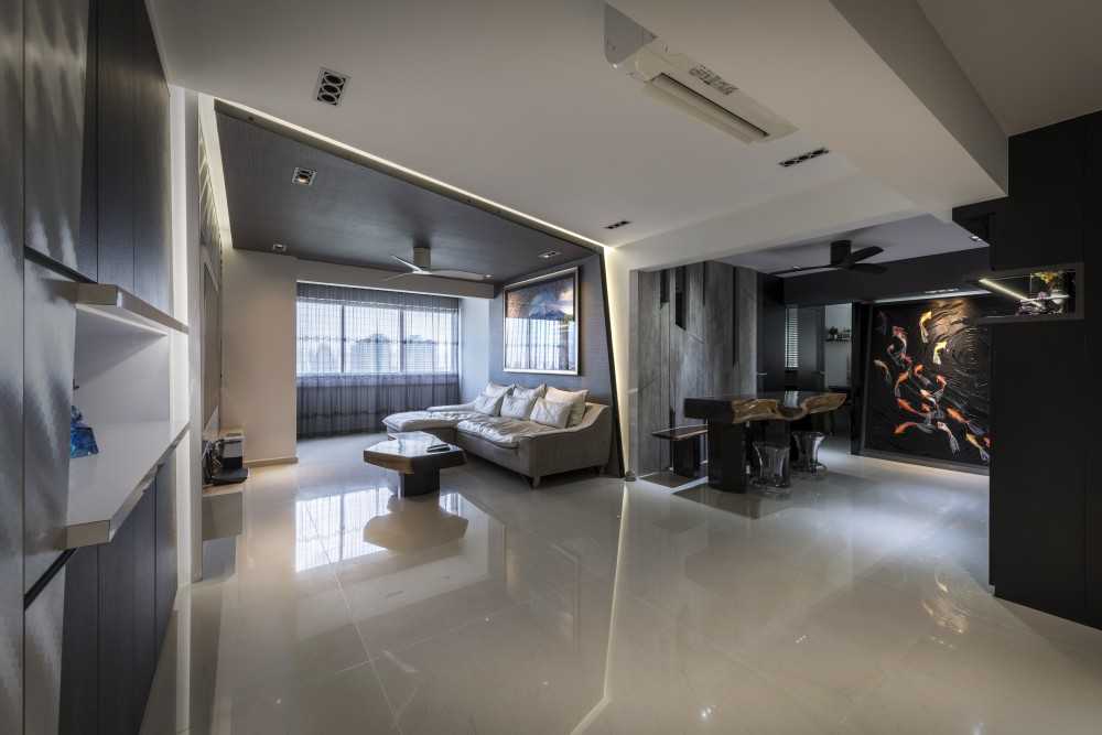 Modern Living Room with Homogeneous Tiles and Feature Wall