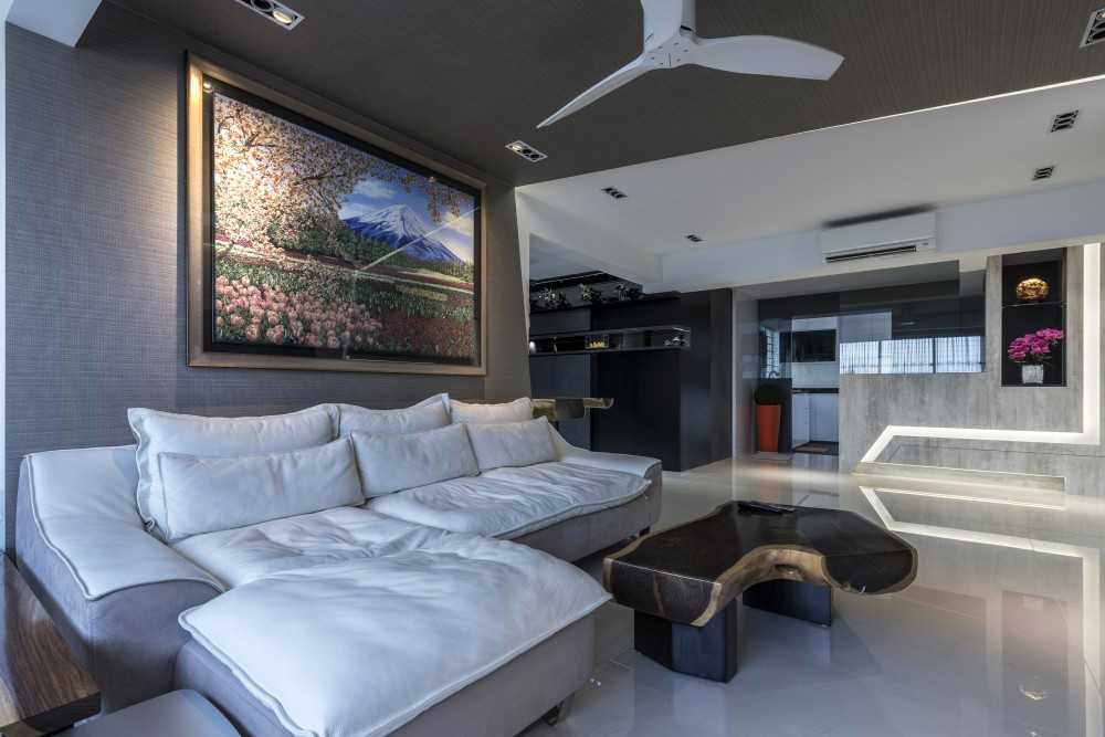 Modern Living Room with Bookshelf and Homogeneous Tiles