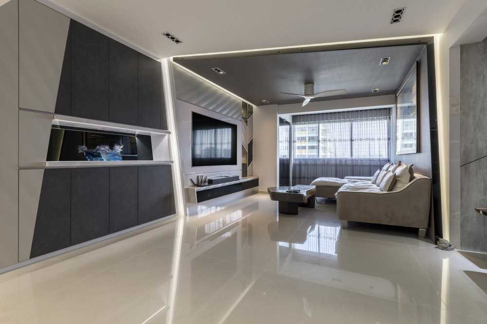Modern Living Room with Homogeneous Tiles and TV Console