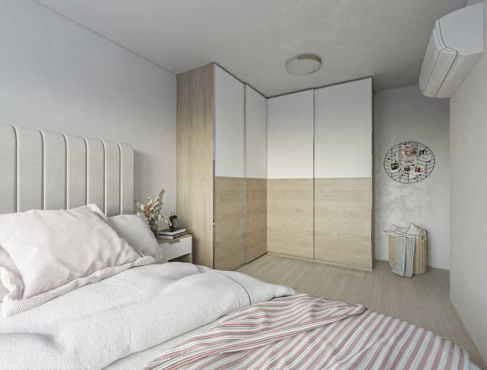 Minimalist Bedroom with Wood Flooring and Queen Bed