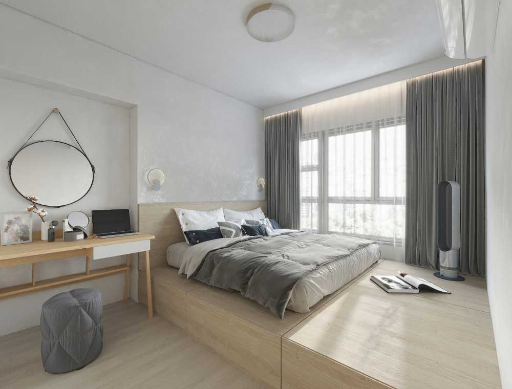 Minimalist Bedroom with Platform Bed and Homogeneous Tiles