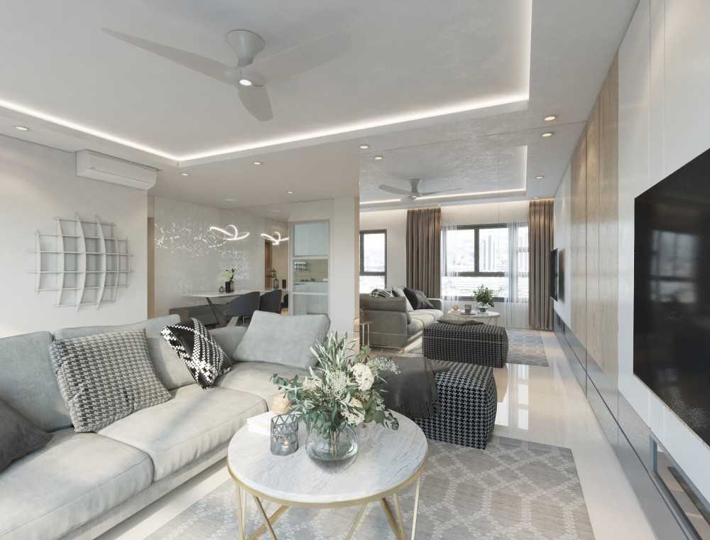 Minimalist Living Room with Homogeneous Tiles and TV Console
