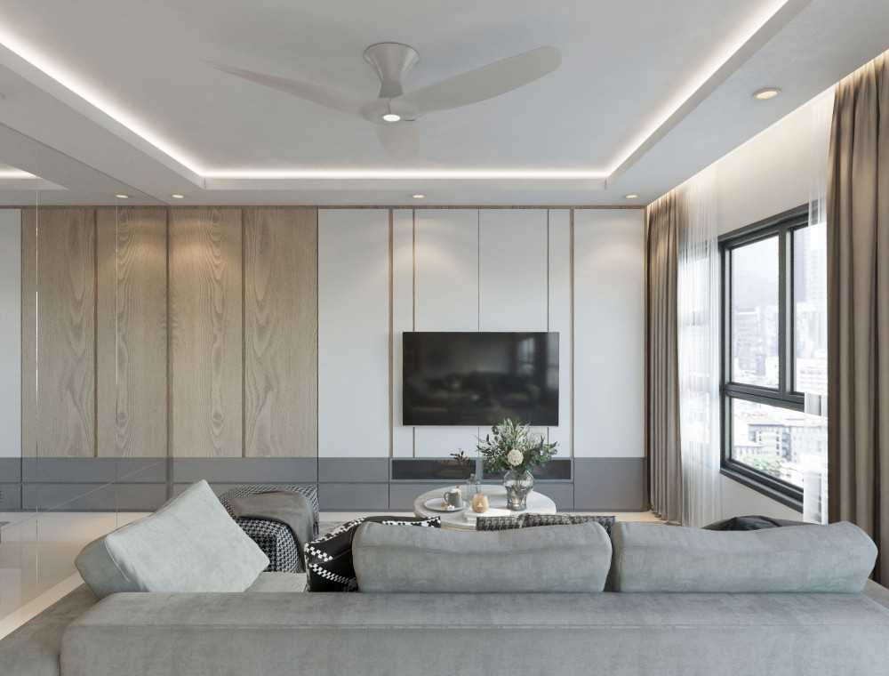 Minimalist Living Room with Homogeneous Tiles and TV Console