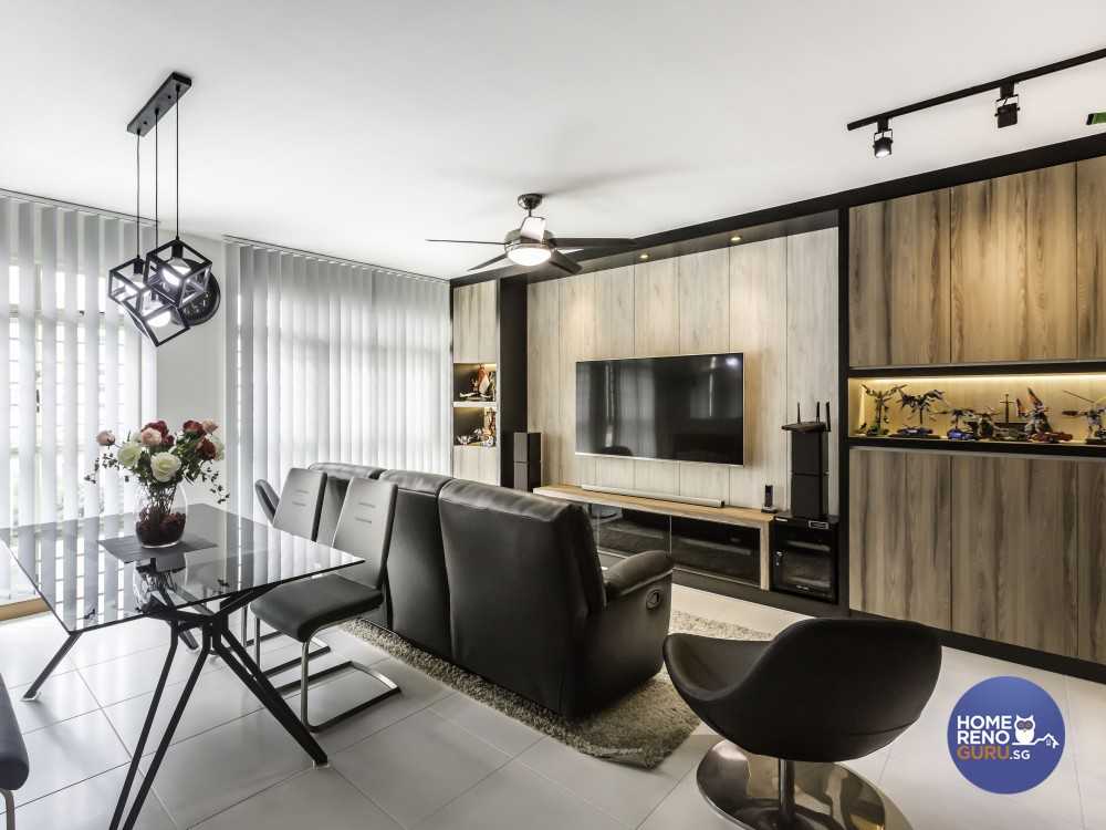 Modern Dining Room with TV Console and Feature Wall