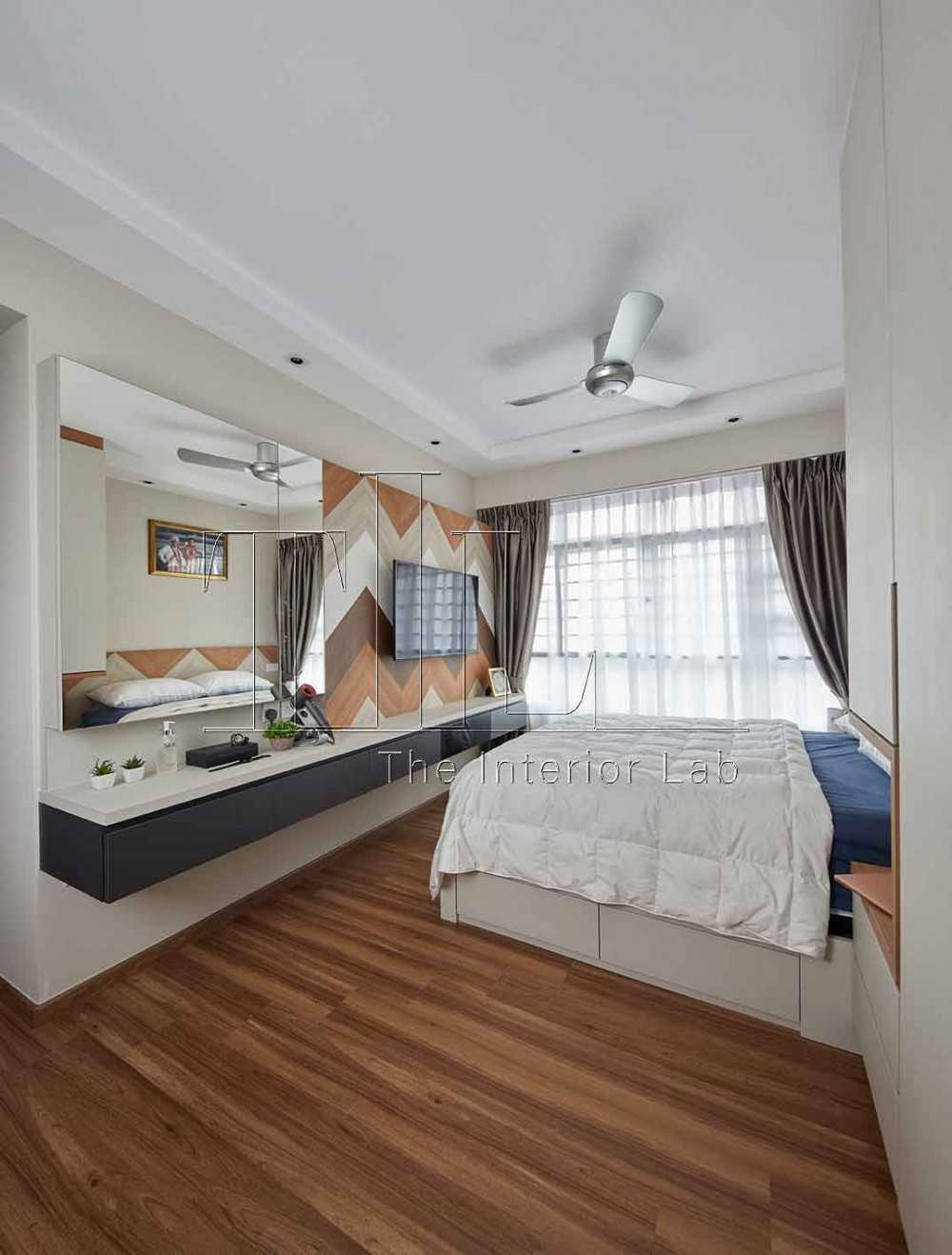 Contemporary Bedroom with Parquet Floor and Feature Wall