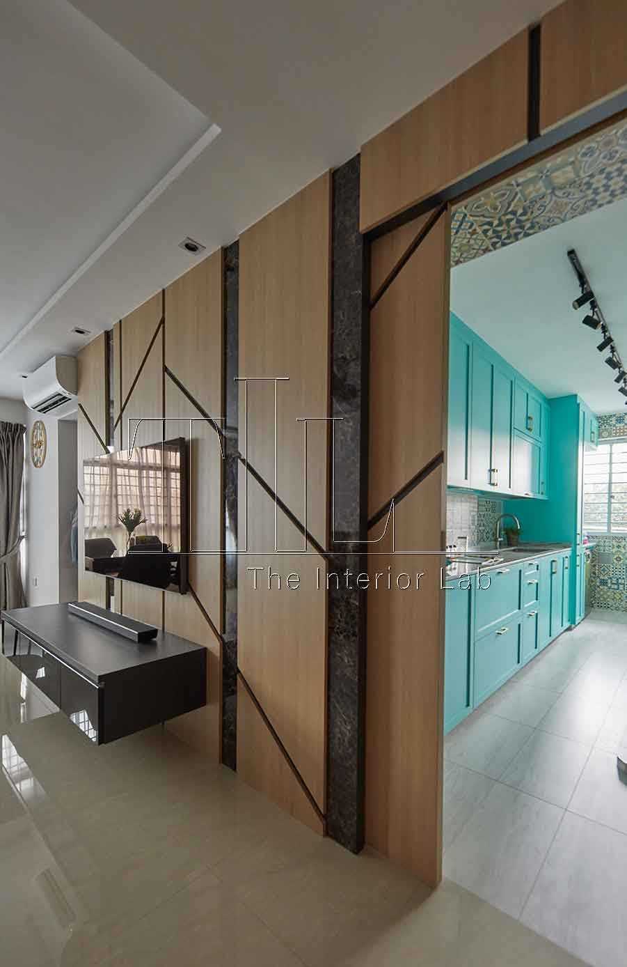 Contemporary Foyer with TV Console and Feature Wall