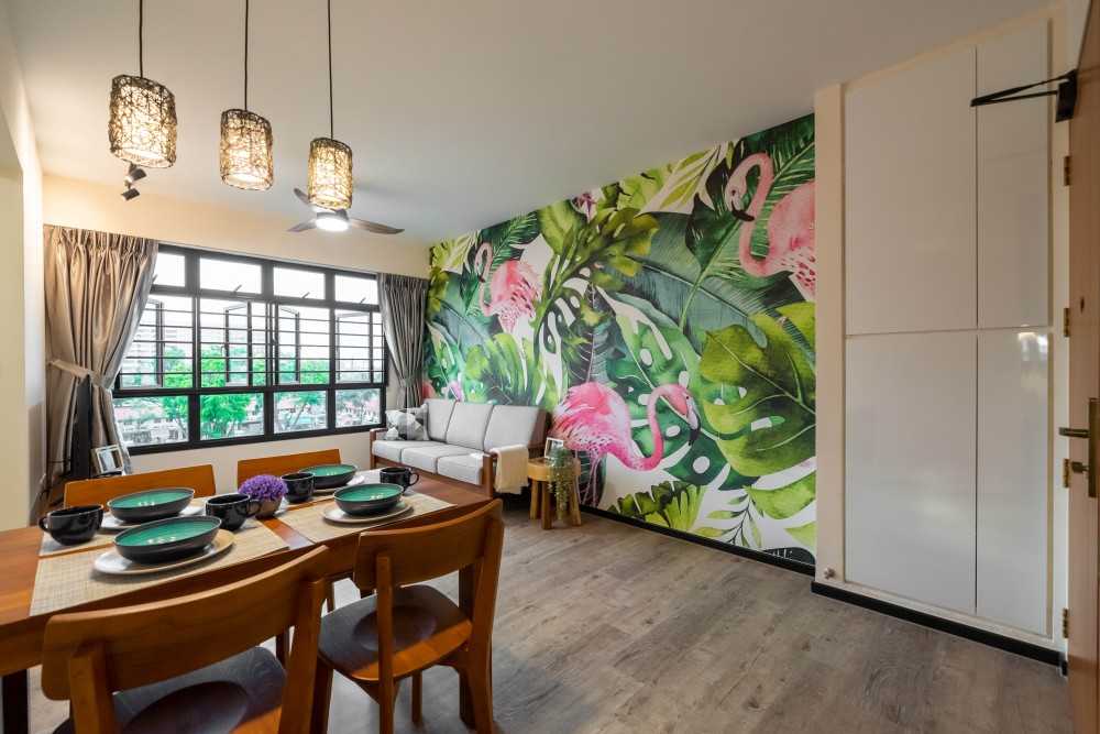 Contemporary Living Room with Wallpaper and Sofa