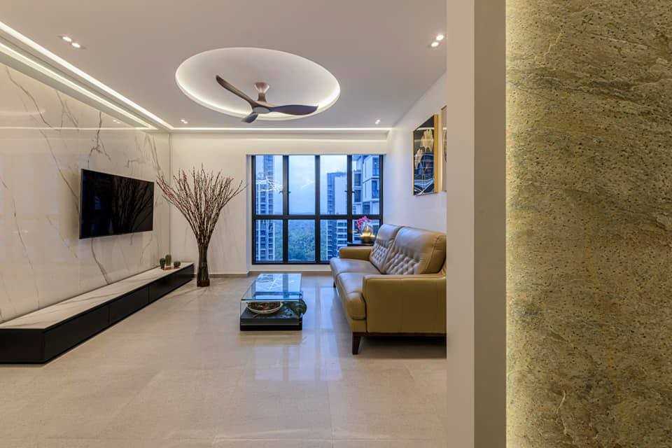 Contemporary Living Room with Countertop and Homogeneous Tiles