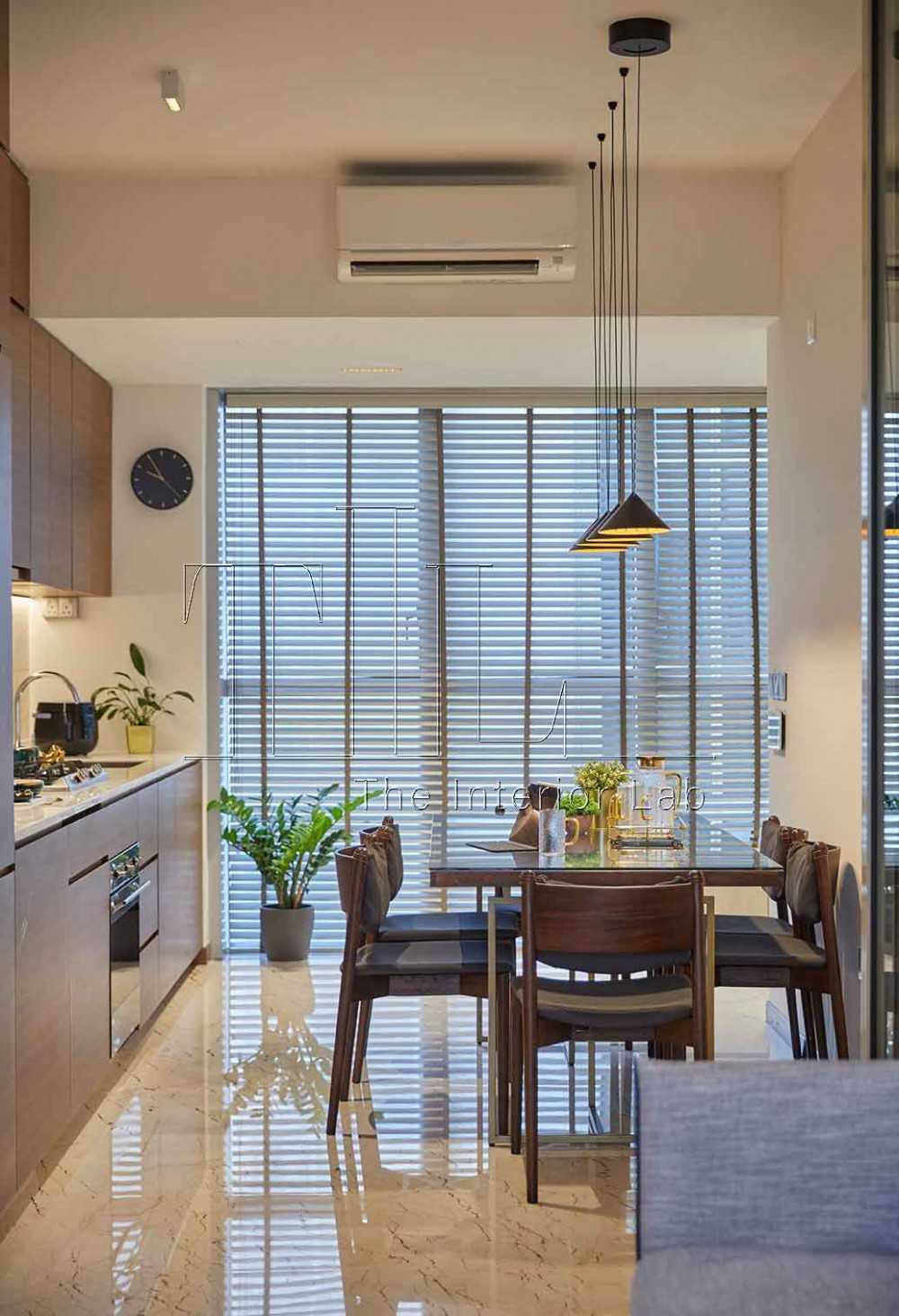 Modern Dining Room with Marble Floor and Window Shutters