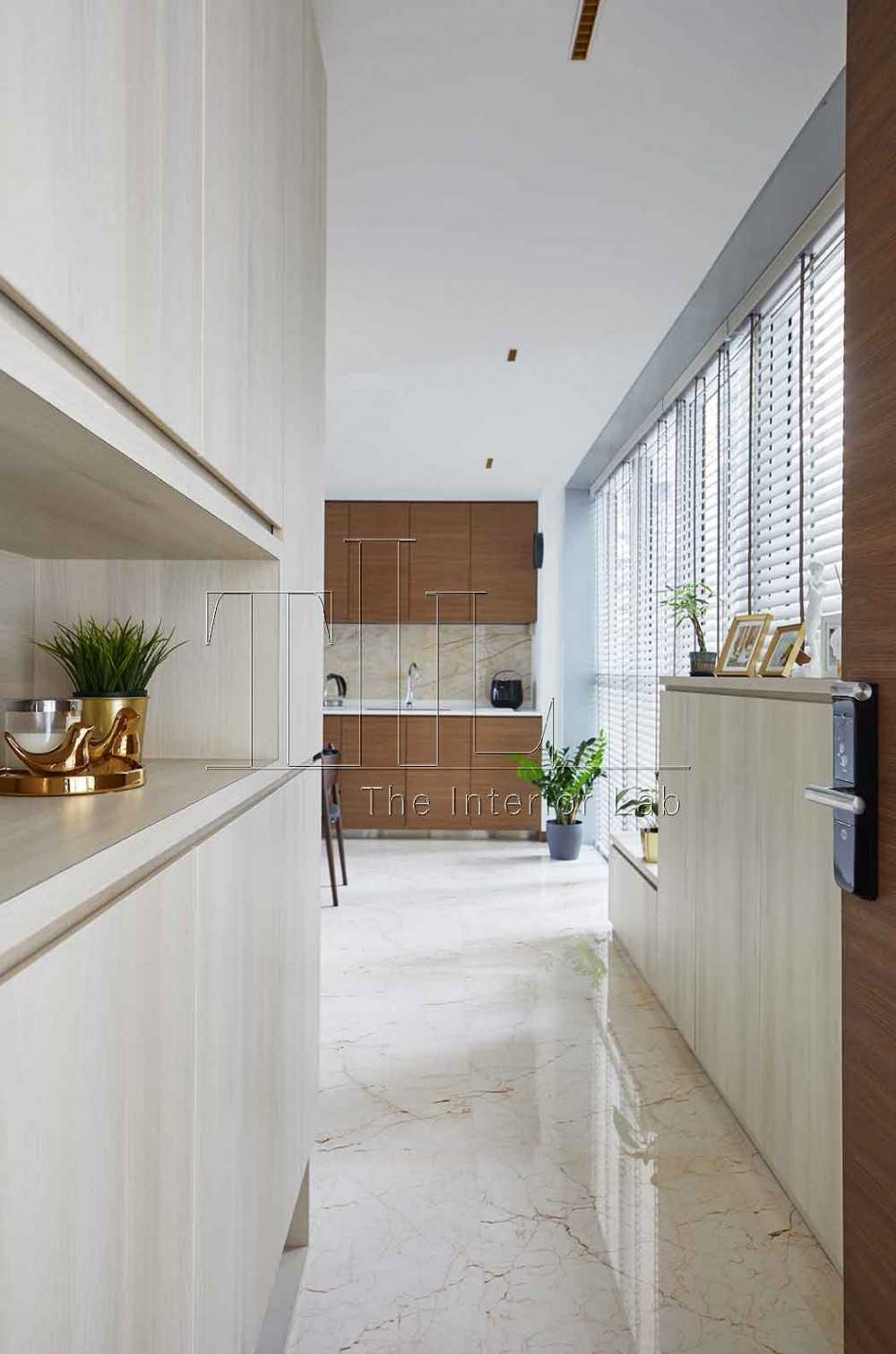 Modern Foyer with Marble Floor and Window Shutters