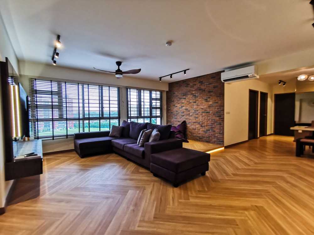 Contemporary Living Room with Vinyl Flooring and Feature Wall