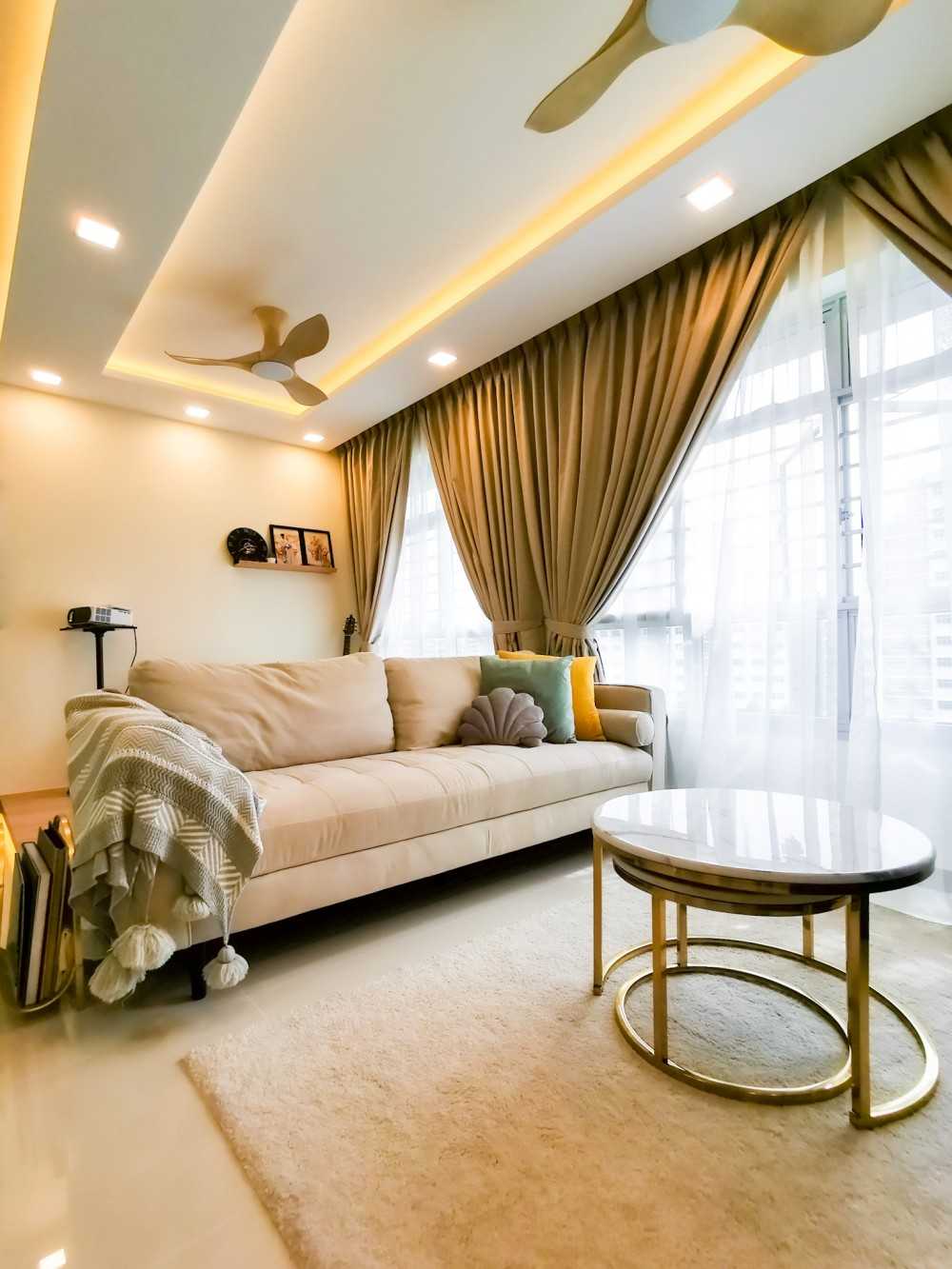 Contemporary Living Room with Cove Lighting and Carpet