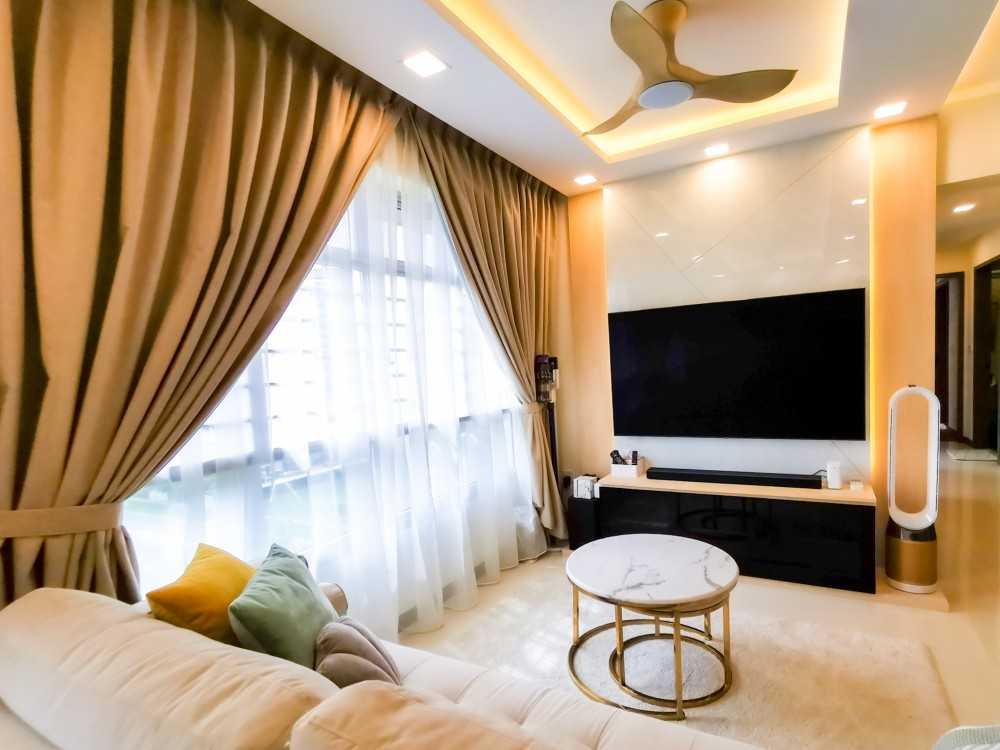 Contemporary Living Room with Feature Wall and Cove Lighting