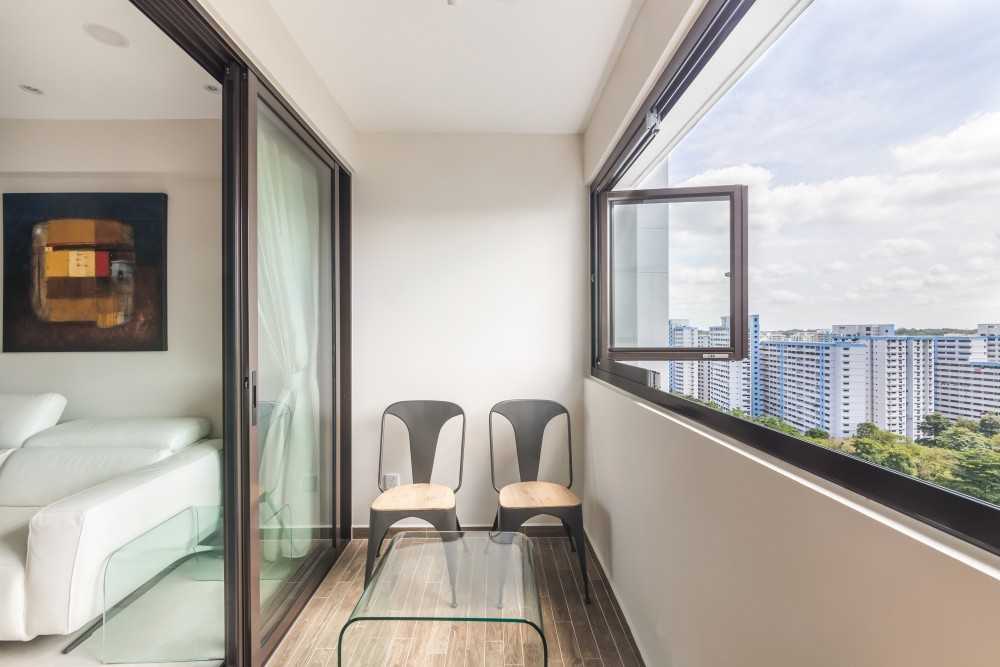 Contemporary Balcony with Bay Window and Window Shutters