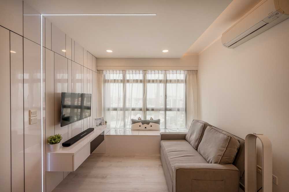 Contemporary Living Room with Vinyl Flooring and Feature Wall