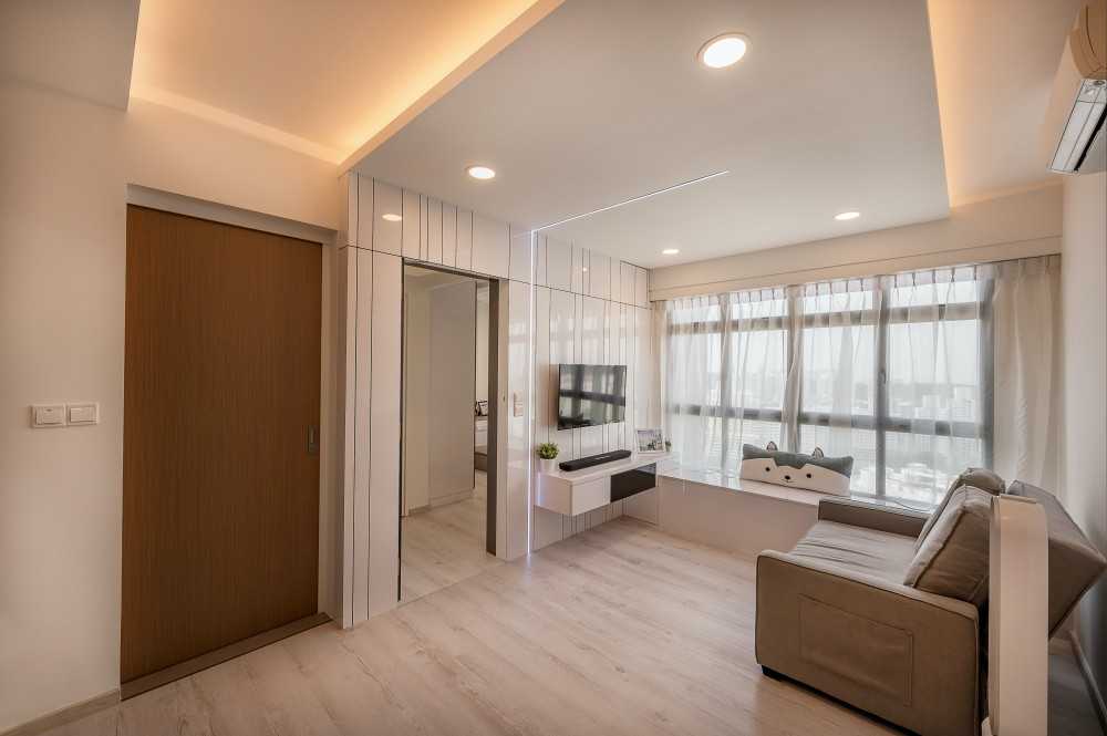 Contemporary Living Room with Vinyl Flooring and Feature Wall