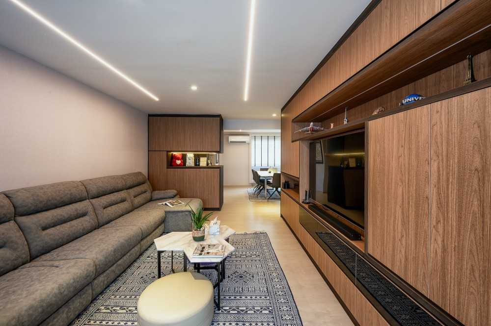 Contemporary Living Room with Vinyl Flooring and Feature Wall