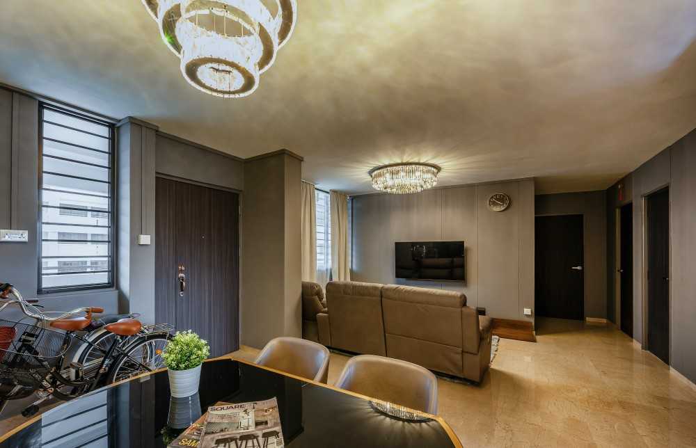 Eclectic Living Room with TV Console and Ceiling Light