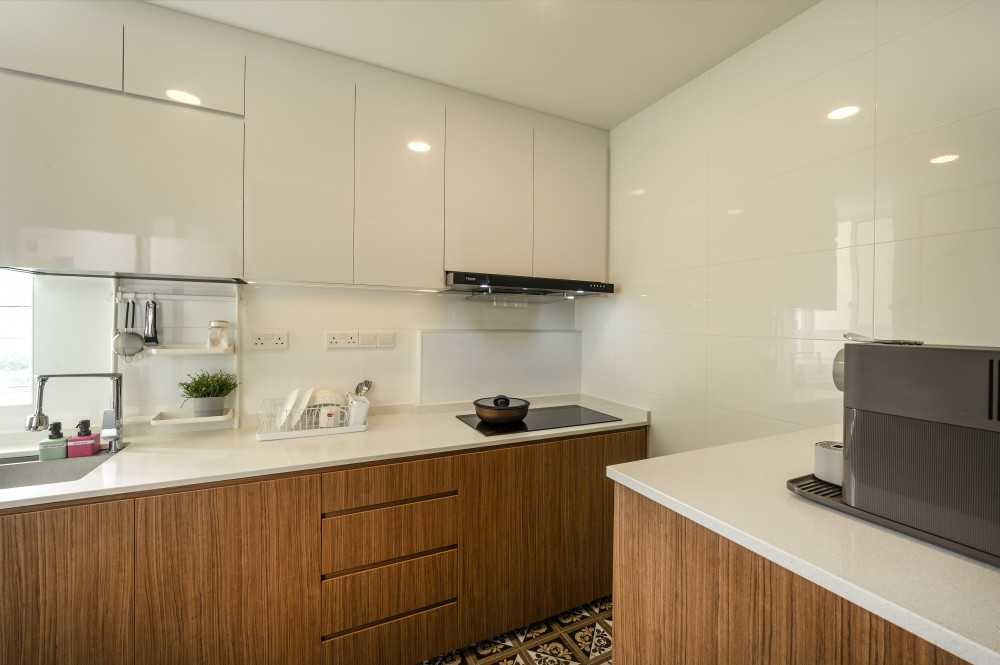 Asian Kitchen with Countertop and Homogeneous Tiles
