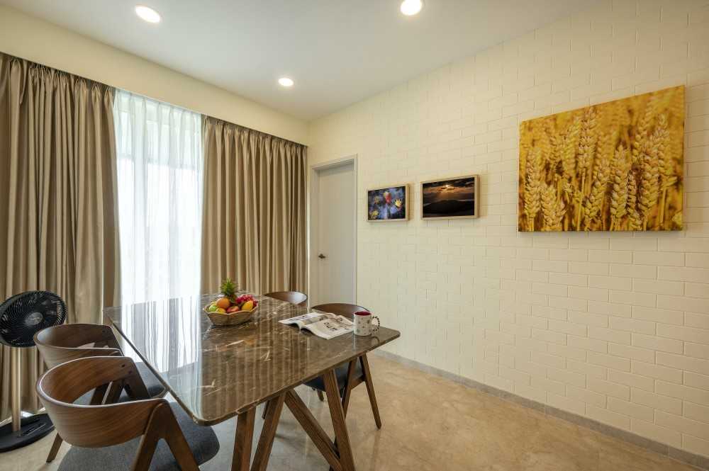 Asian Dining Room with Marble Floor and Feature Wall